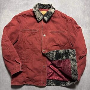 Amasun Collection Canvas Work Jacket Mens 52 Burgundy Good Acid Wash Fur Collar